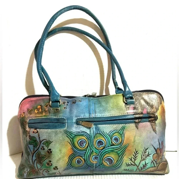 Biacci hand painted peacock feathers floral satchel handbag - Picture 2 of 6